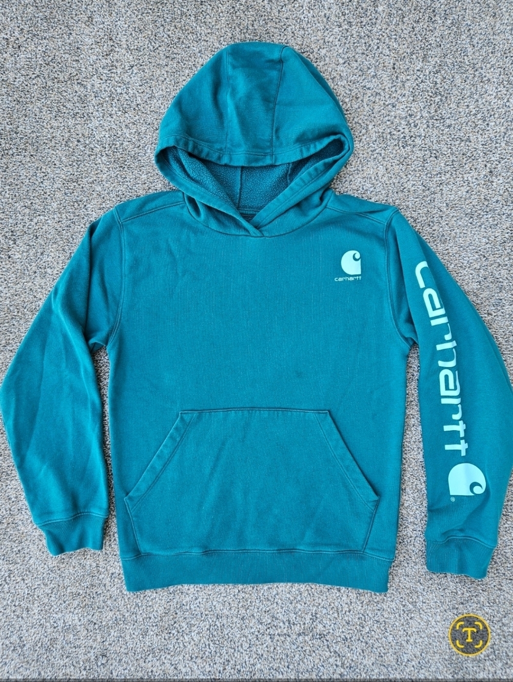 Carhartt Midweight Graphic Hoodie Teal Pullover Sweatshirt Kids Girls Size XL 14